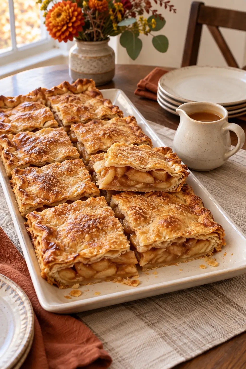 Apple slab pie cut into squares on a Thanksgiving serving board