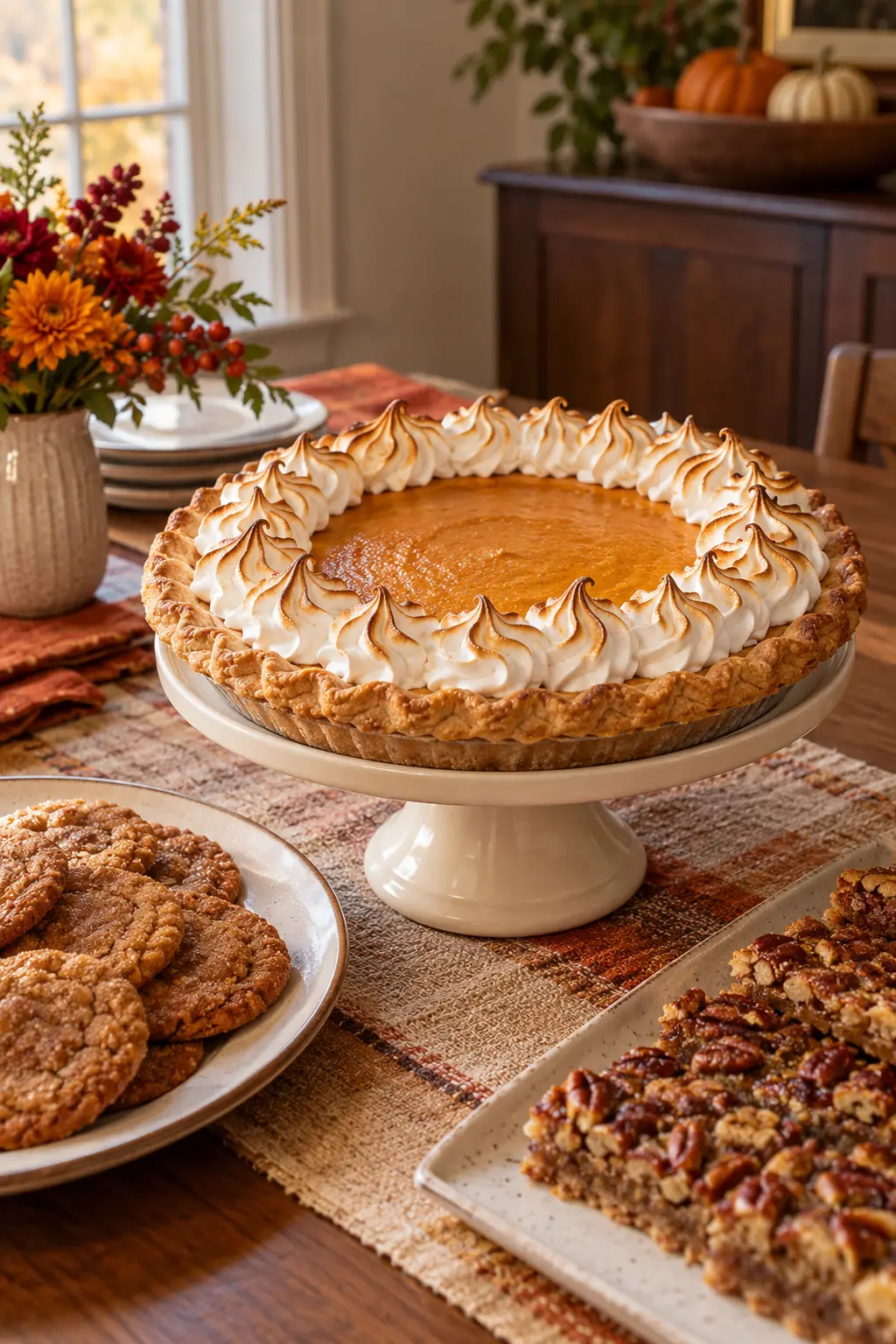 Golden sweet potato pie with toasted meringue on a fall dessert table
