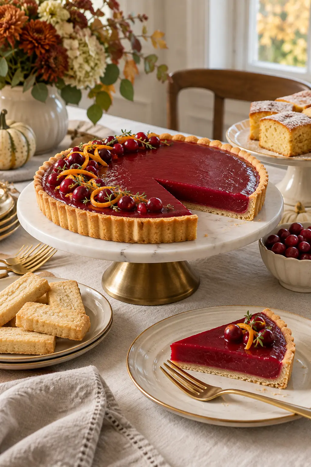 Ruby cranberry curd tart with simple fall garnish on a Thanksgiving table