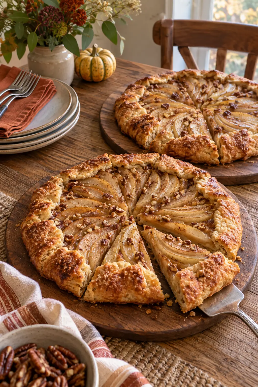Rustic pear galettes on wooden boards with Thanksgiving table decor
