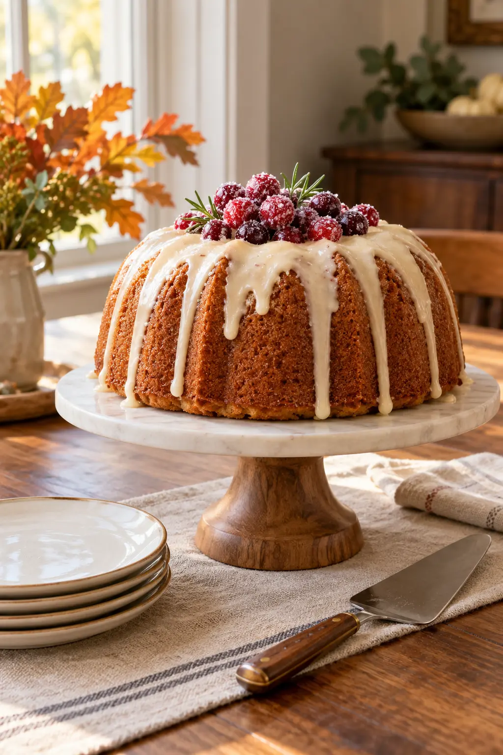 Maple Bundt cake topped with candied cranberries on a pedestal