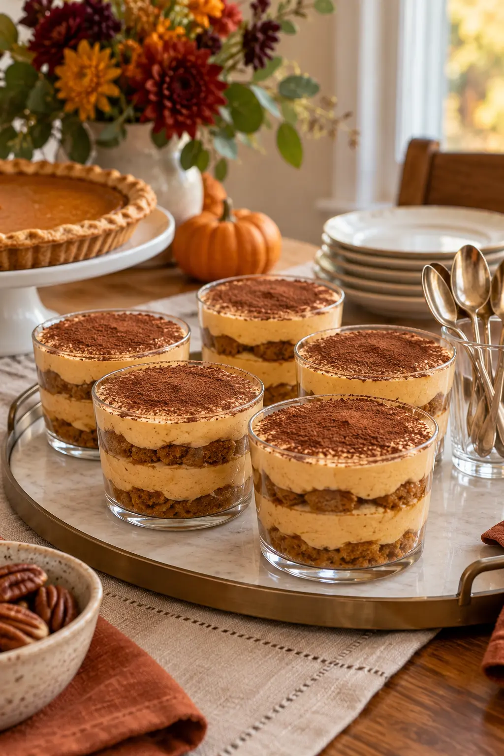 Individual pumpkin tiramisu cups showing layered cream and cake
