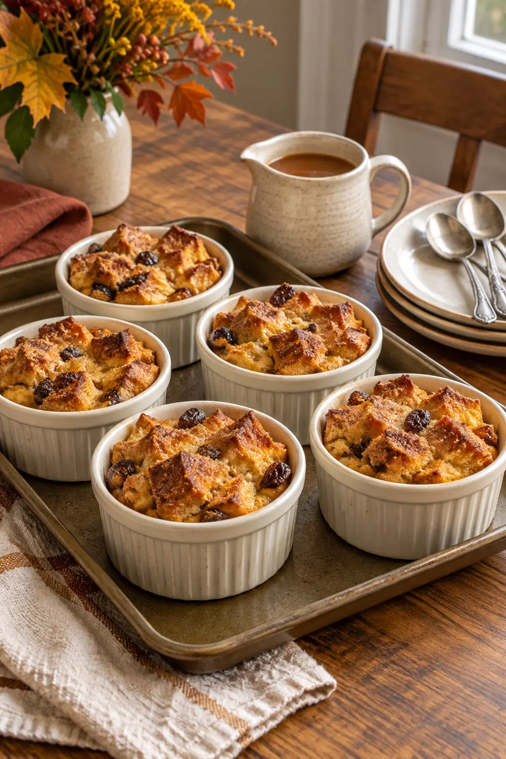 Warm individual bread puddings in cream ramekins with caramel sauce