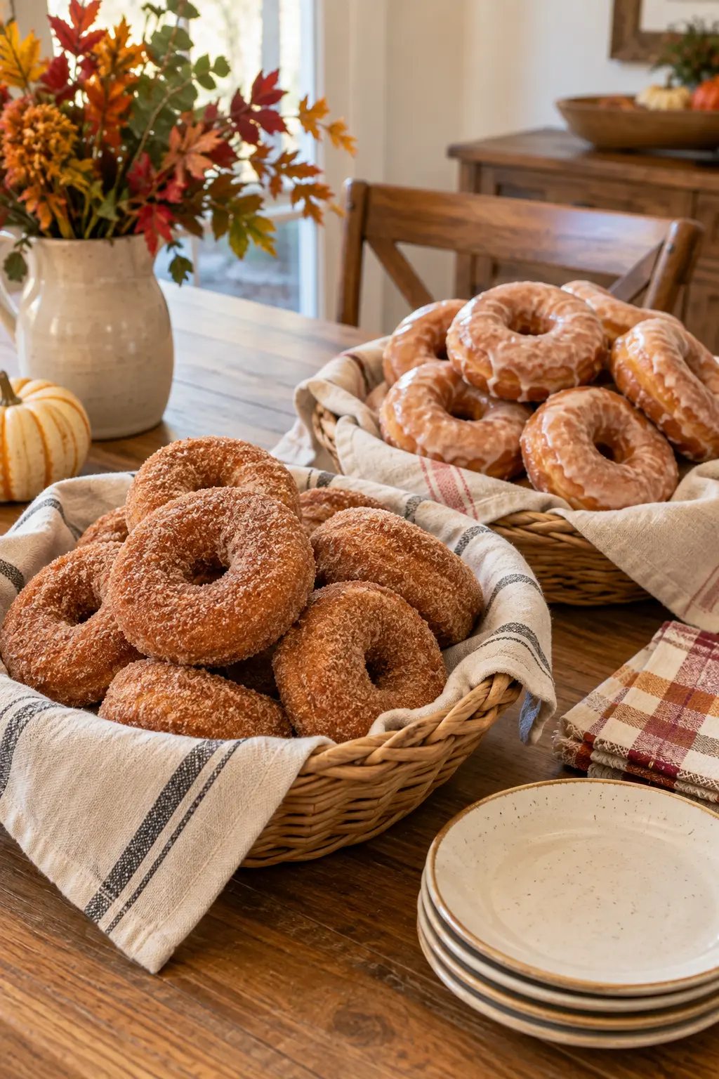 Apple cider doughnuts arranged in cloth-lined baskets for Thanksgiving