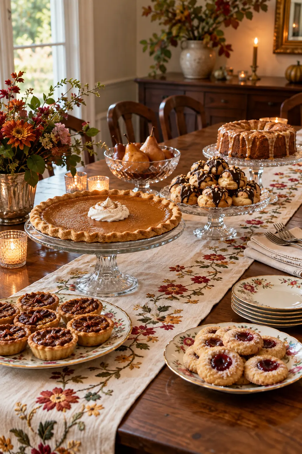Thanksgiving desserts on mismatched vintage china and embroidered linens