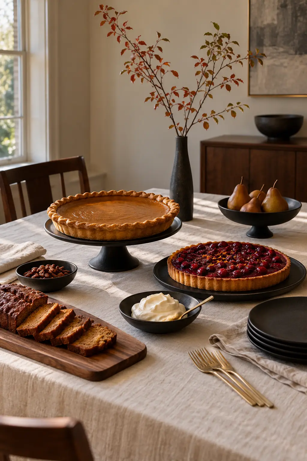 Modern Thanksgiving dessert table in cream black and natural wood