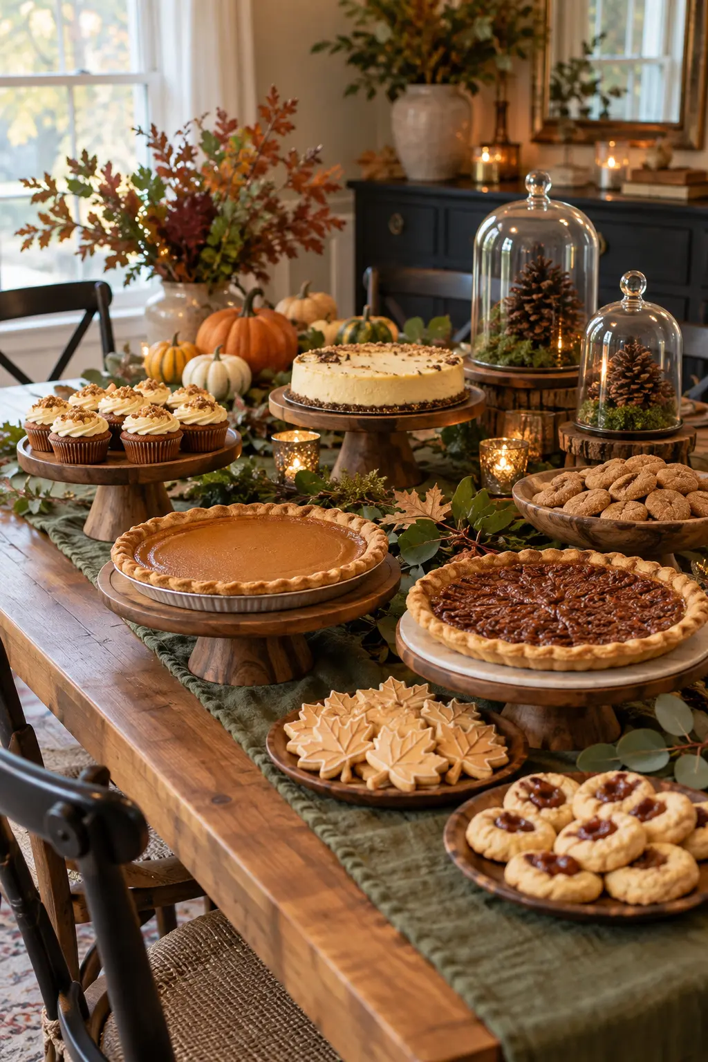 Woodland-inspired Thanksgiving dessert table with clean pinecones and greenery kept away from food