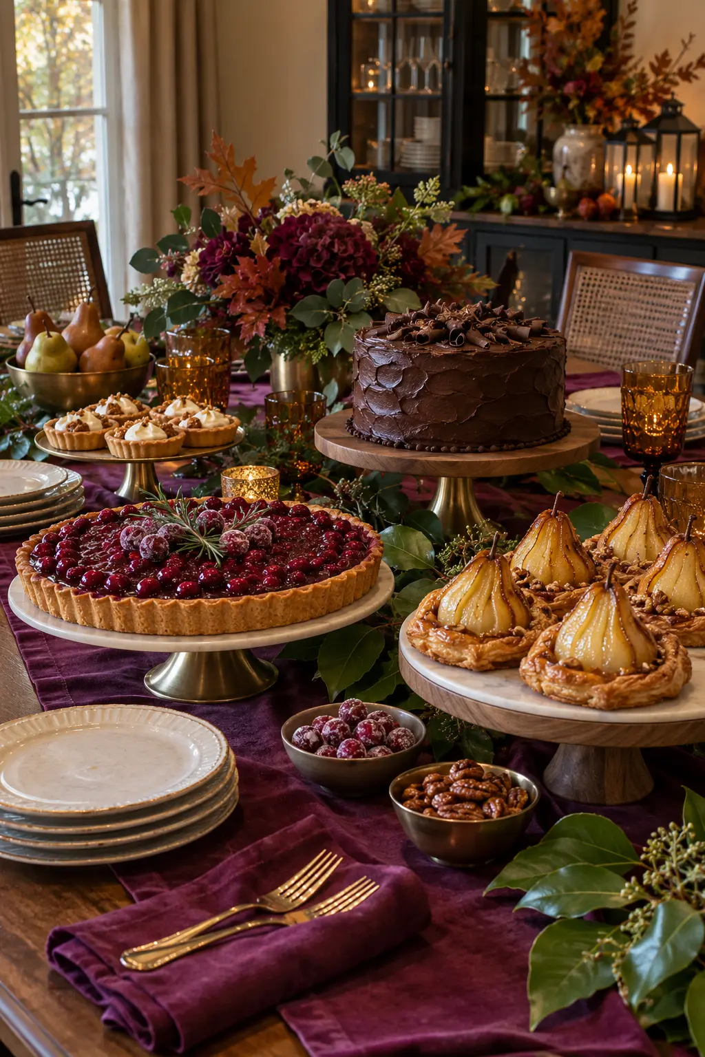 Jewel-tone Thanksgiving dessert table with plum amber and deep green accents