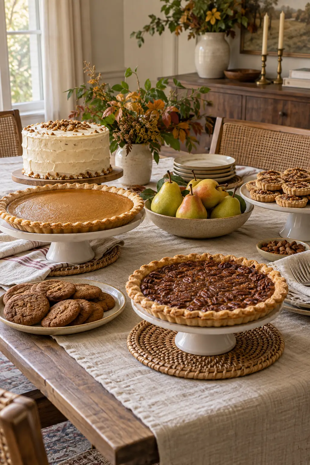 Neutral Thanksgiving dessert table with linen rattan and cream ceramics
