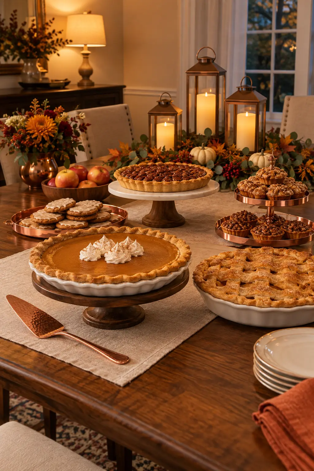 Thanksgiving dessert table with copper accents and protected candlelight