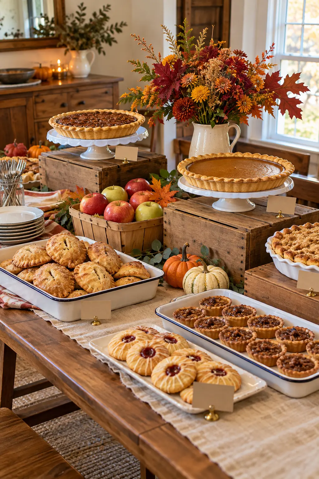 Fall farm-stand Thanksgiving dessert display with low wooden crates