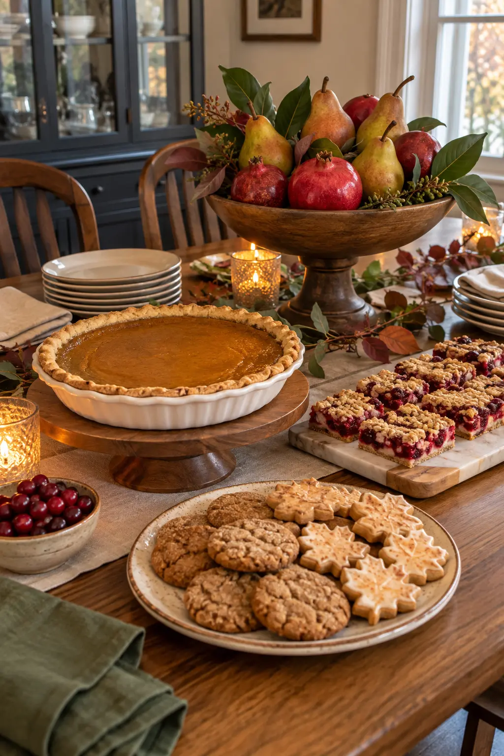 Thanksgiving dessert table with a pedestal bowl of pears pomegranates and greenery