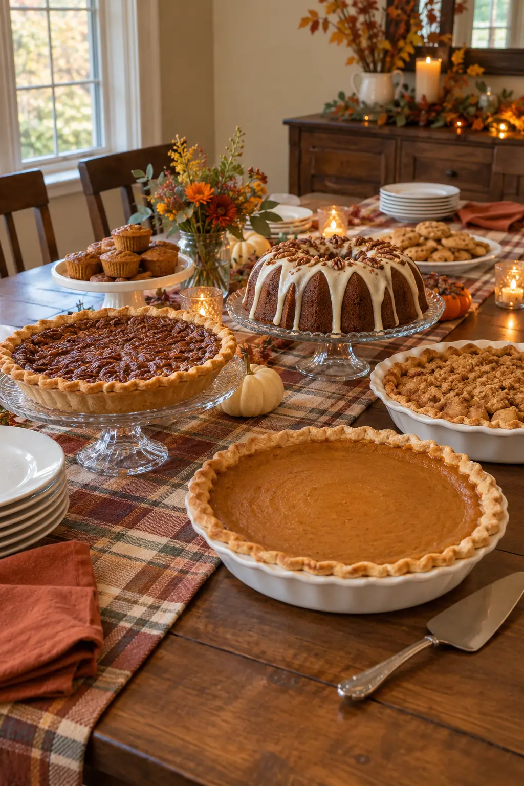 Casual Thanksgiving dessert table with a folded plaid runner and simple white dishes