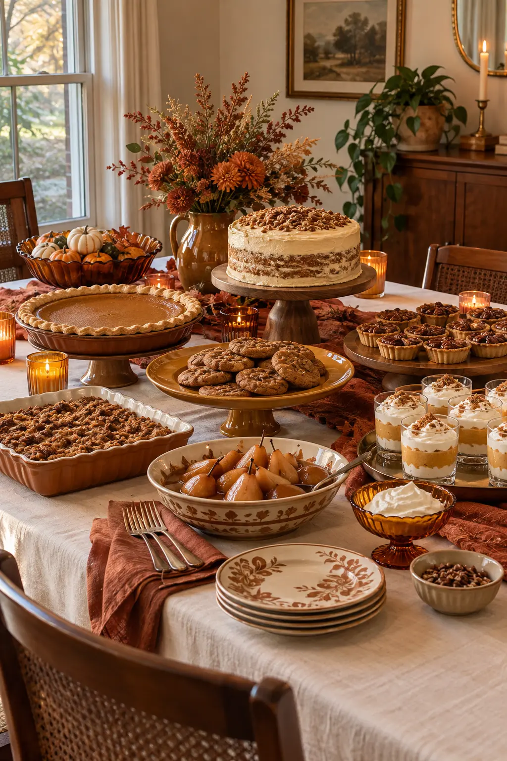 Retro Thanksgiving dessert table with amber glass mushroom tones and curved serving pieces