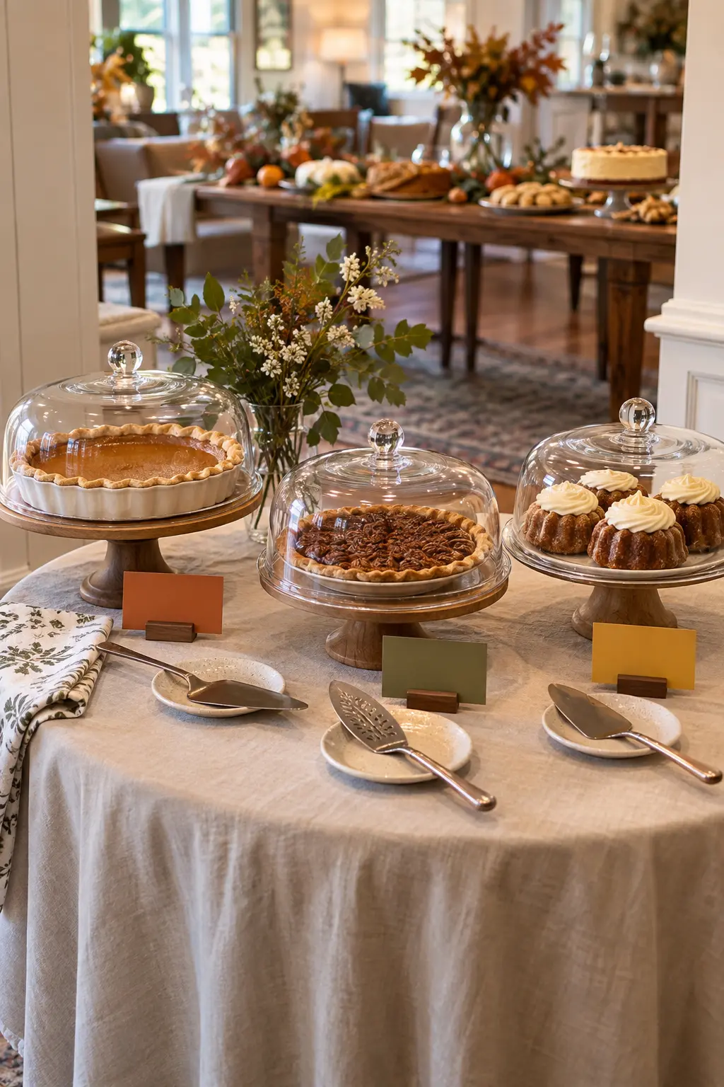 Separate allergy-aware Thanksgiving desserts on their own covered side table