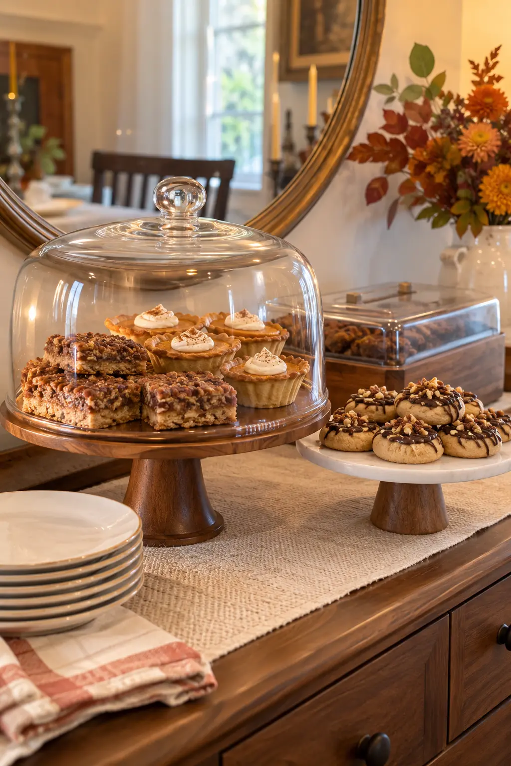 Covered glass stand holding gluten-free Thanksgiving treats apart from other desserts
