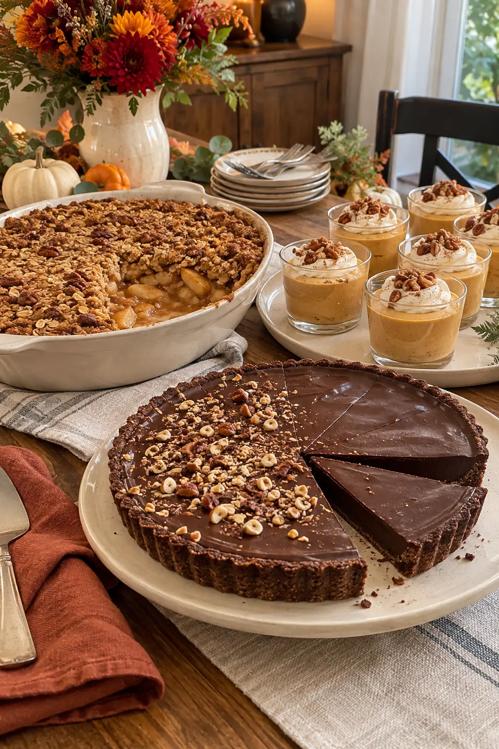 Plant-based Thanksgiving dessert trio with apple crisp chocolate tart and pumpkin cups