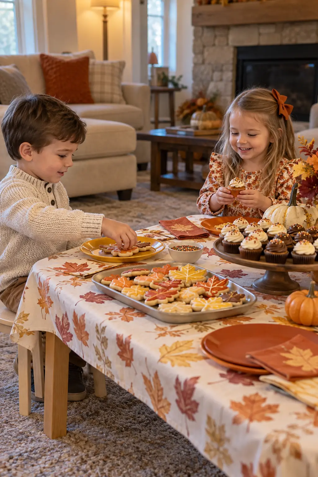 Low kid-friendly Thanksgiving dessert table with sturdy plates and mini treats