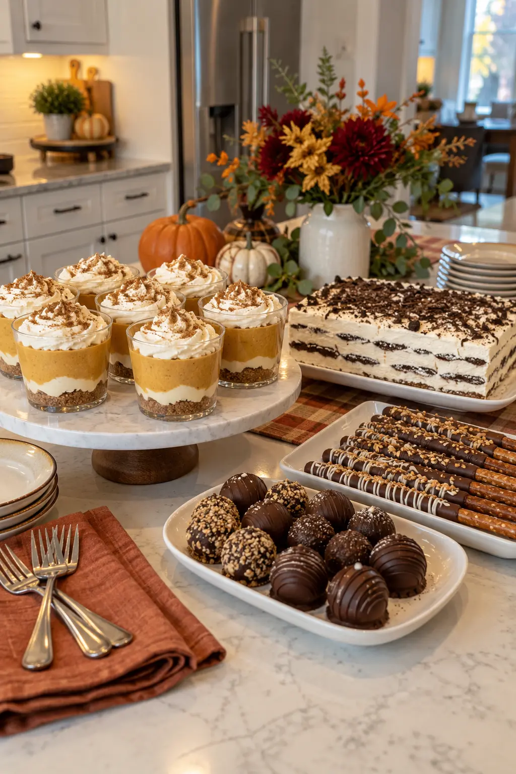 No-bake Thanksgiving dessert table with parfaits truffles and icebox cake