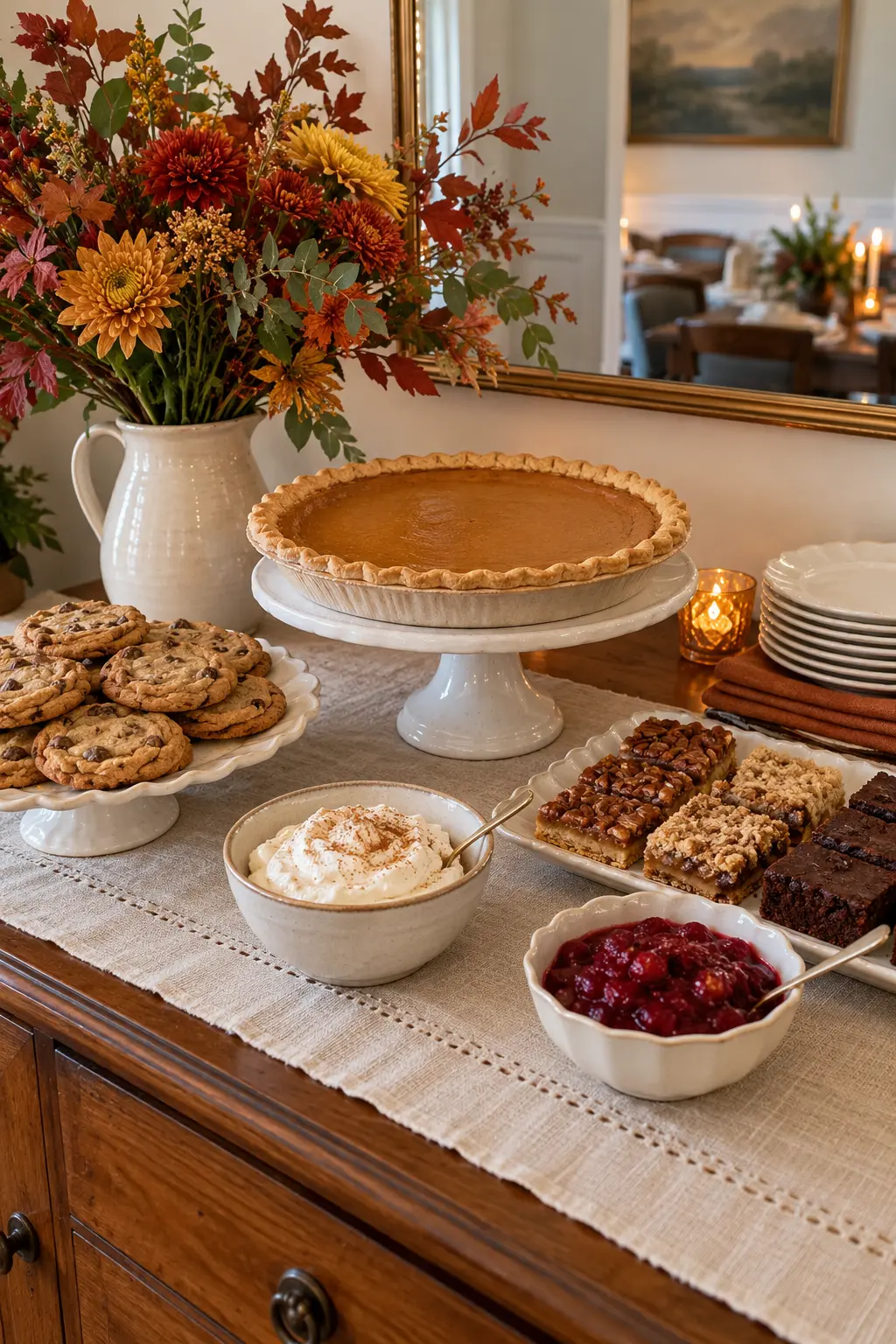 Grocery-store Thanksgiving desserts replated on coordinated serving dishes