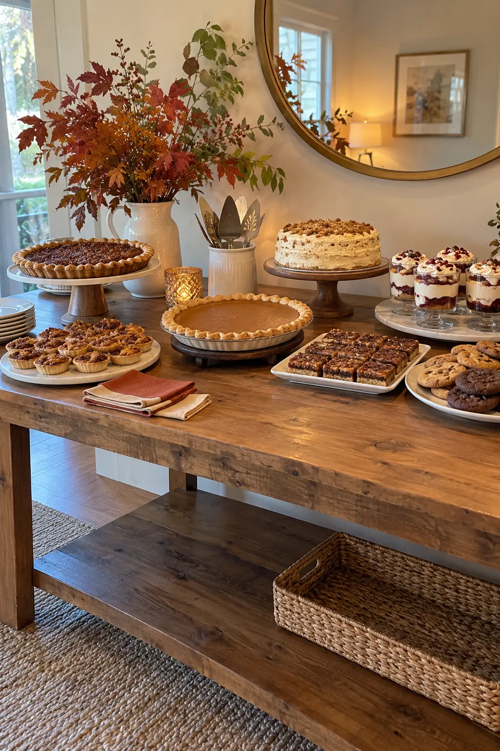 Thanksgiving potluck dessert table with open spaces trivets and serving tools