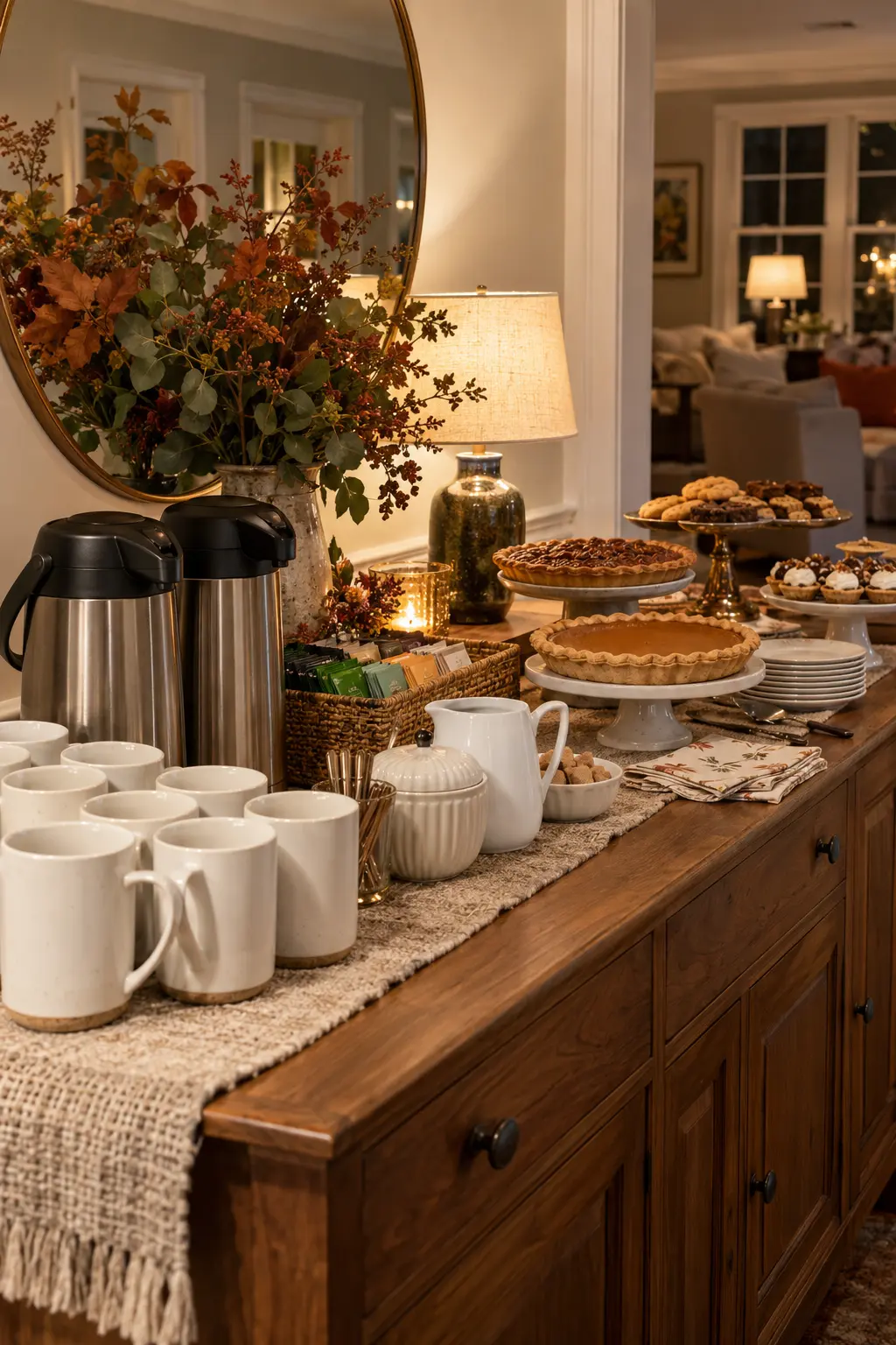 Late-night Thanksgiving coffee and dessert station with pie and small sweets