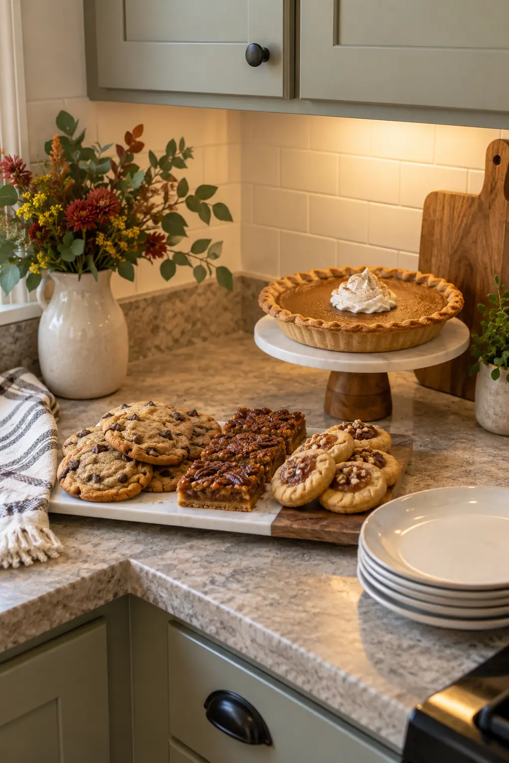 Small Thanksgiving dessert setup contained to one kitchen counter corner