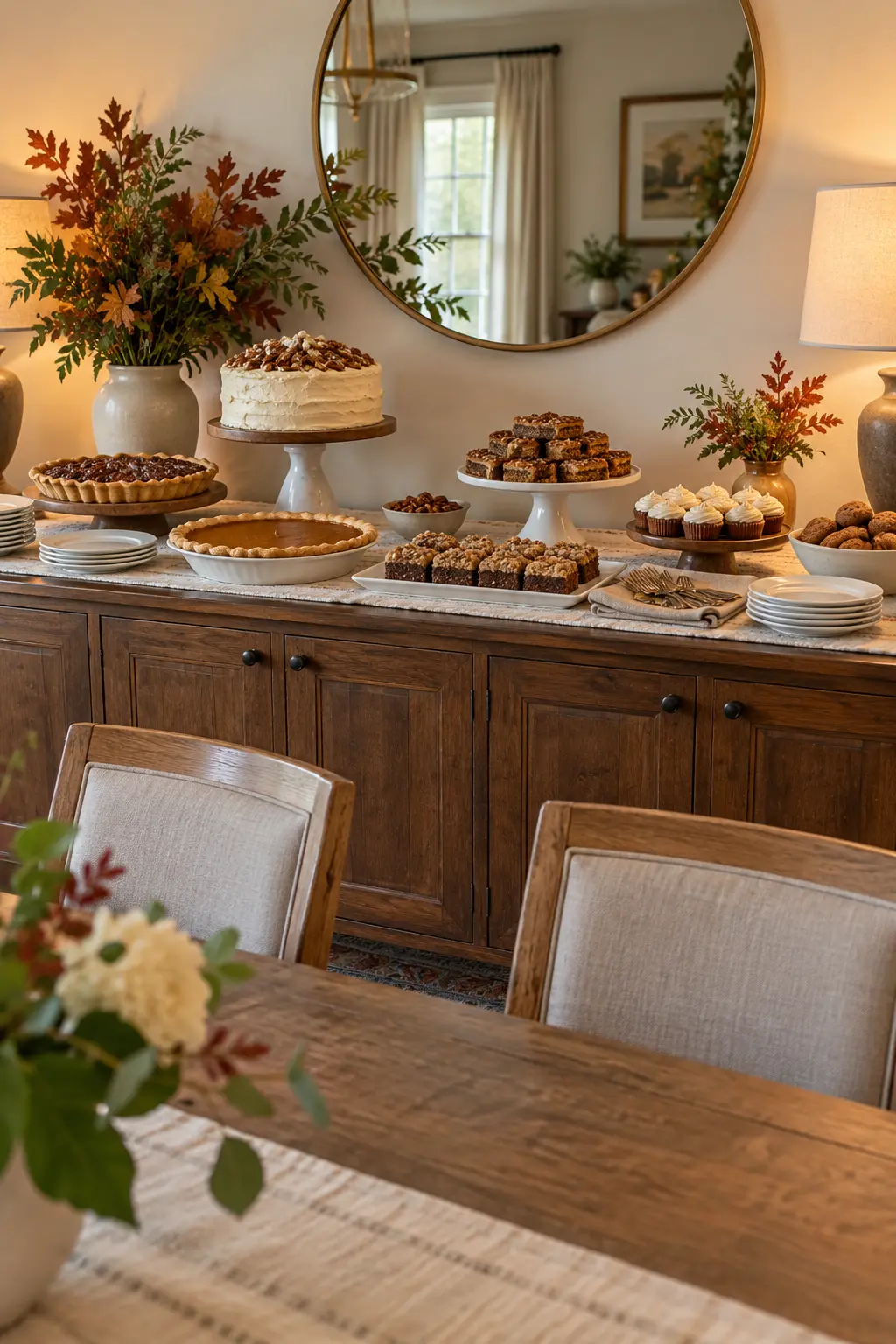 Thanksgiving dessert bar arranged across a dining room credenza