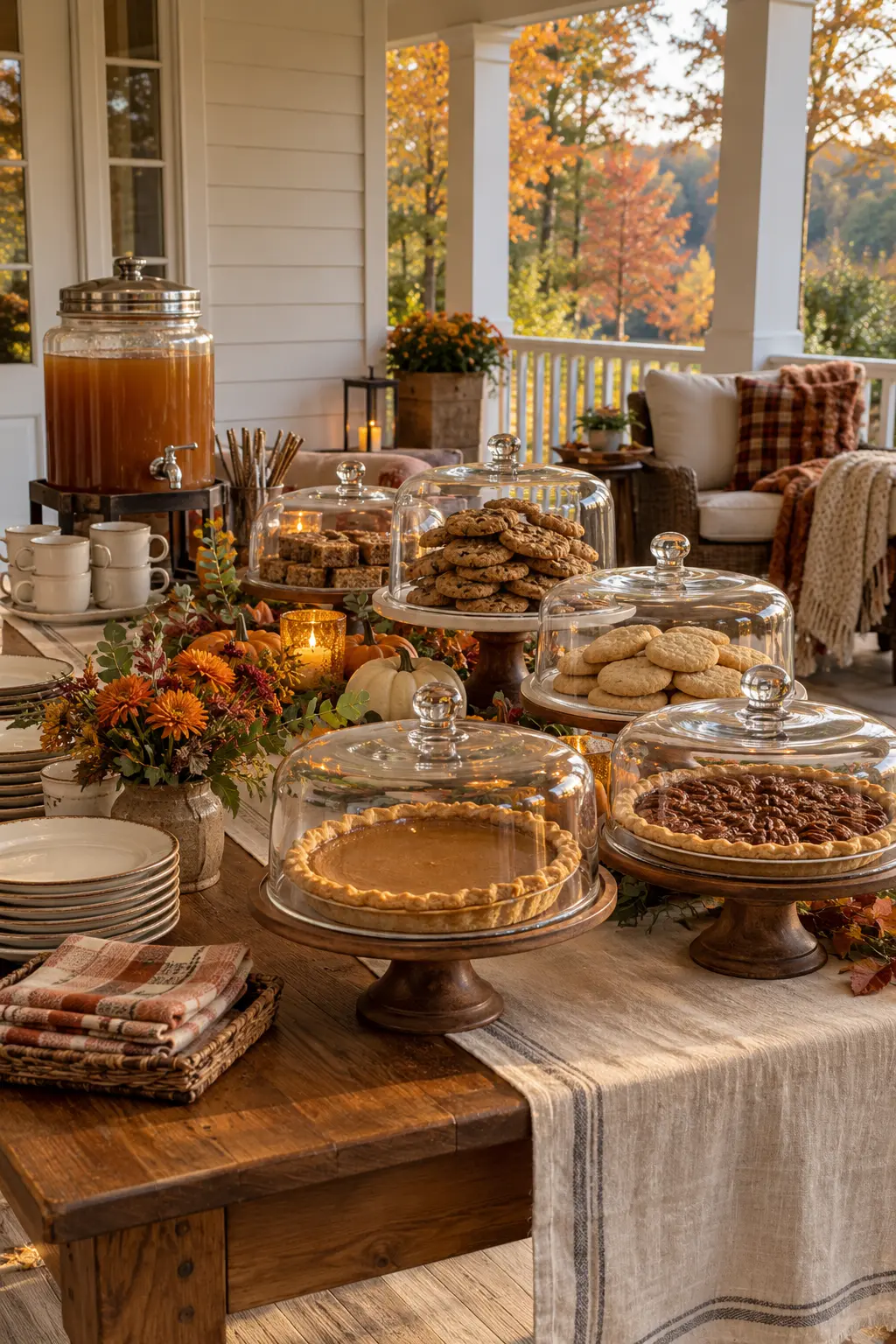 Thanksgiving dessert station on a sheltered porch with covered cakes and cozy textiles