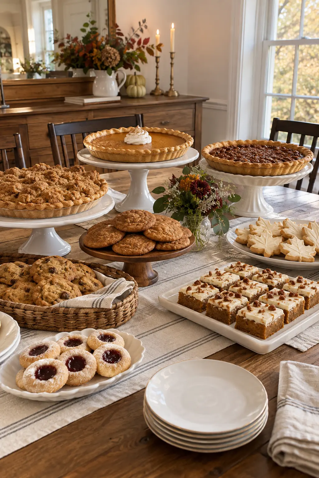 Budget Thanksgiving dessert table using thrifted cake stands trays and baskets
