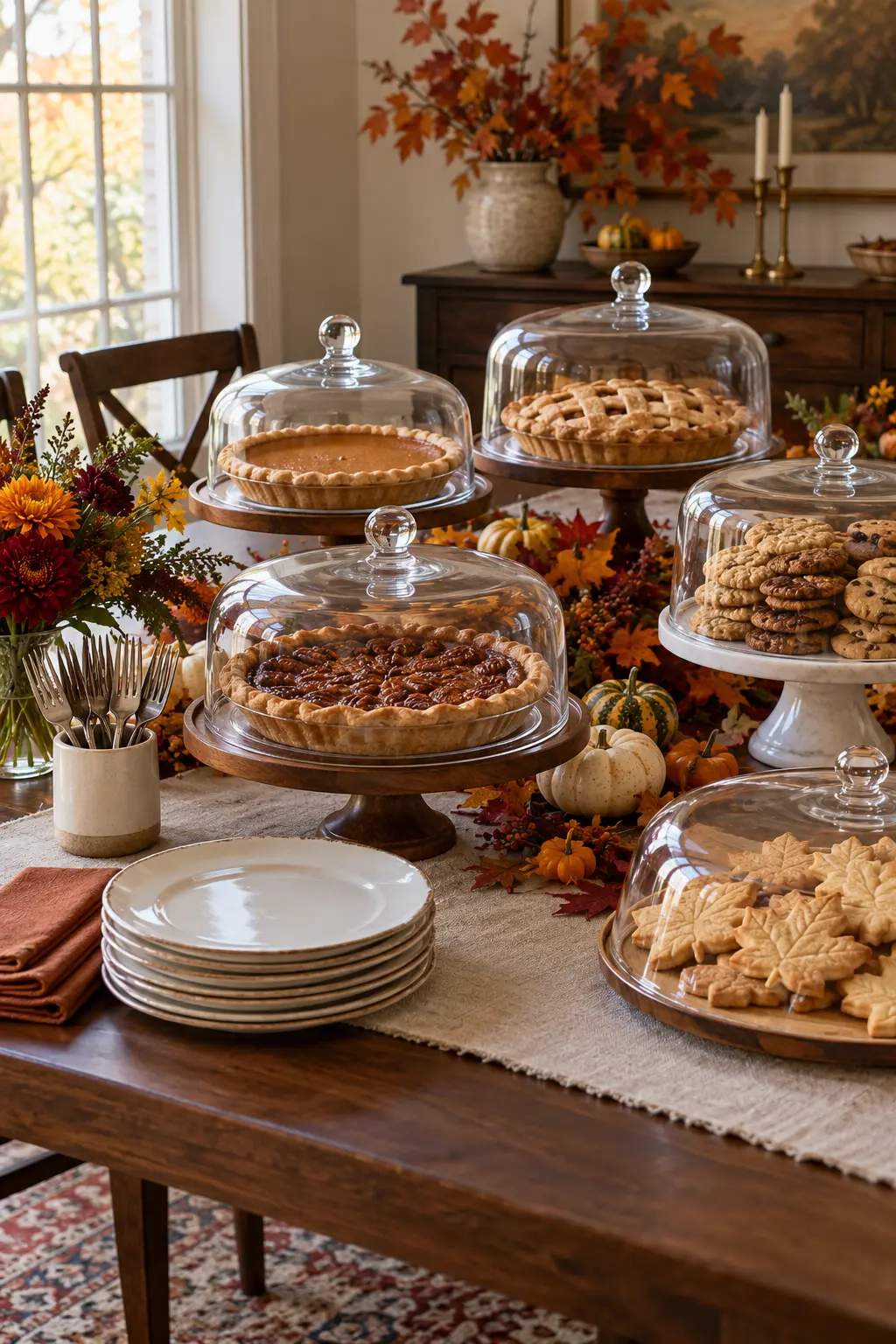 Thanksgiving dessert table staged ahead with glass domes and covered platters