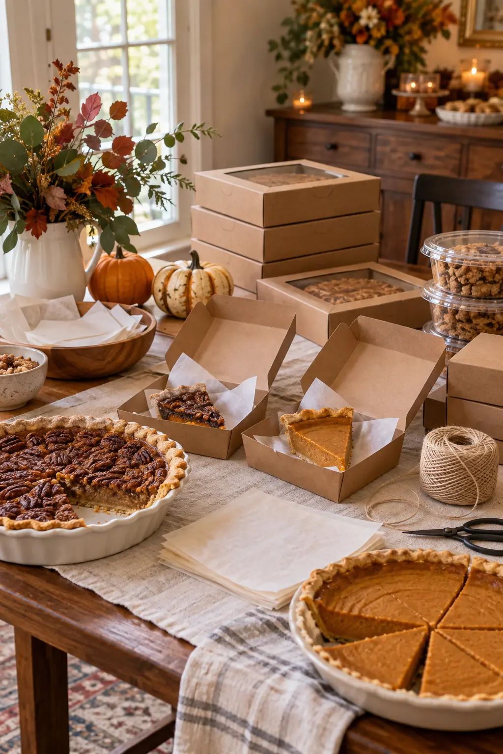 Thanksgiving dessert-to-go station with kraft boxes parchment and leftover slices