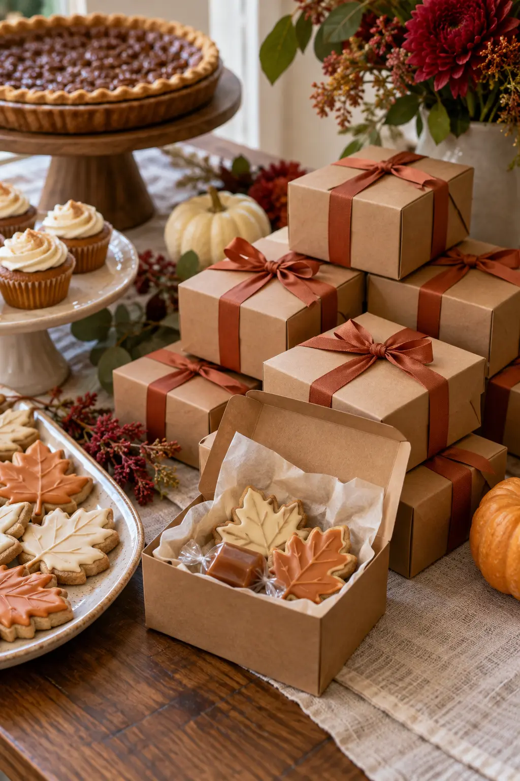 Small Thanksgiving favor boxes filled with cookies and wrapped sweets beside the dessert table