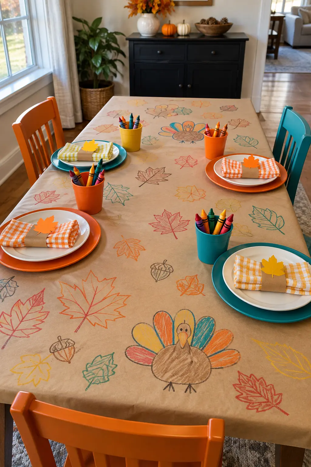 Thanksgiving kids table covered with kraft paper, colorful crayons, and child-friendly place settings