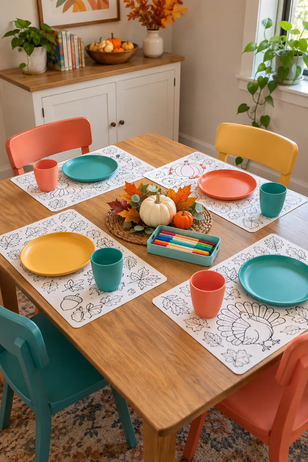 Children's Thanksgiving place settings with reusable silicone coloring mats and washable markers