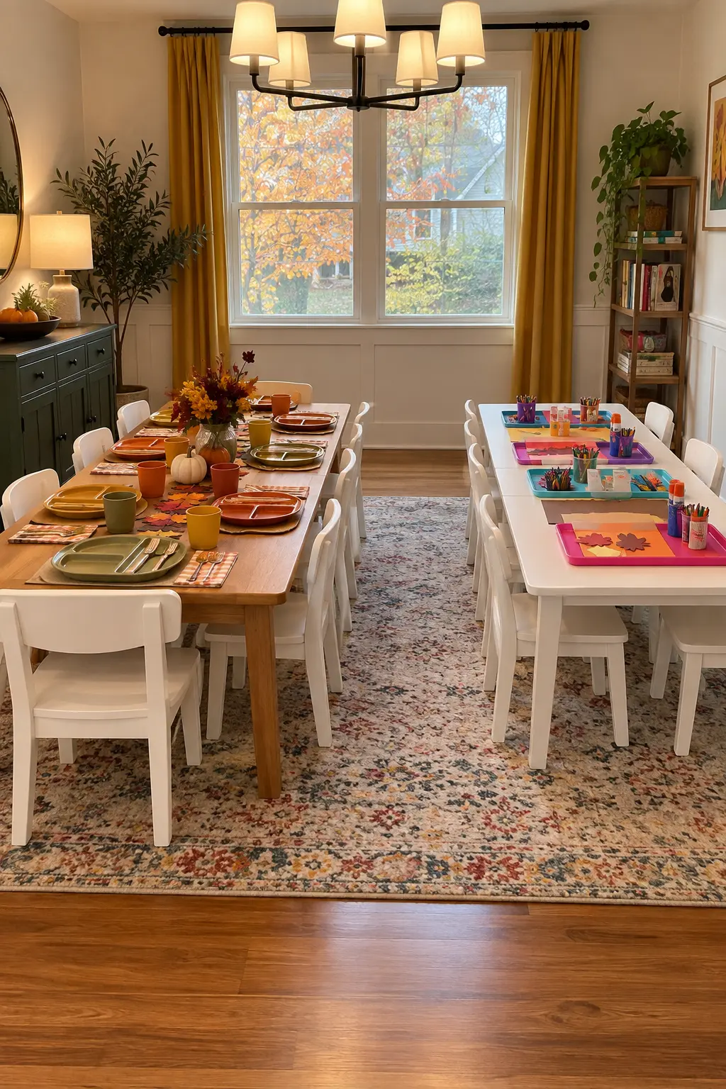 Two small Thanksgiving kids tables placed side by side for eating and crafts
