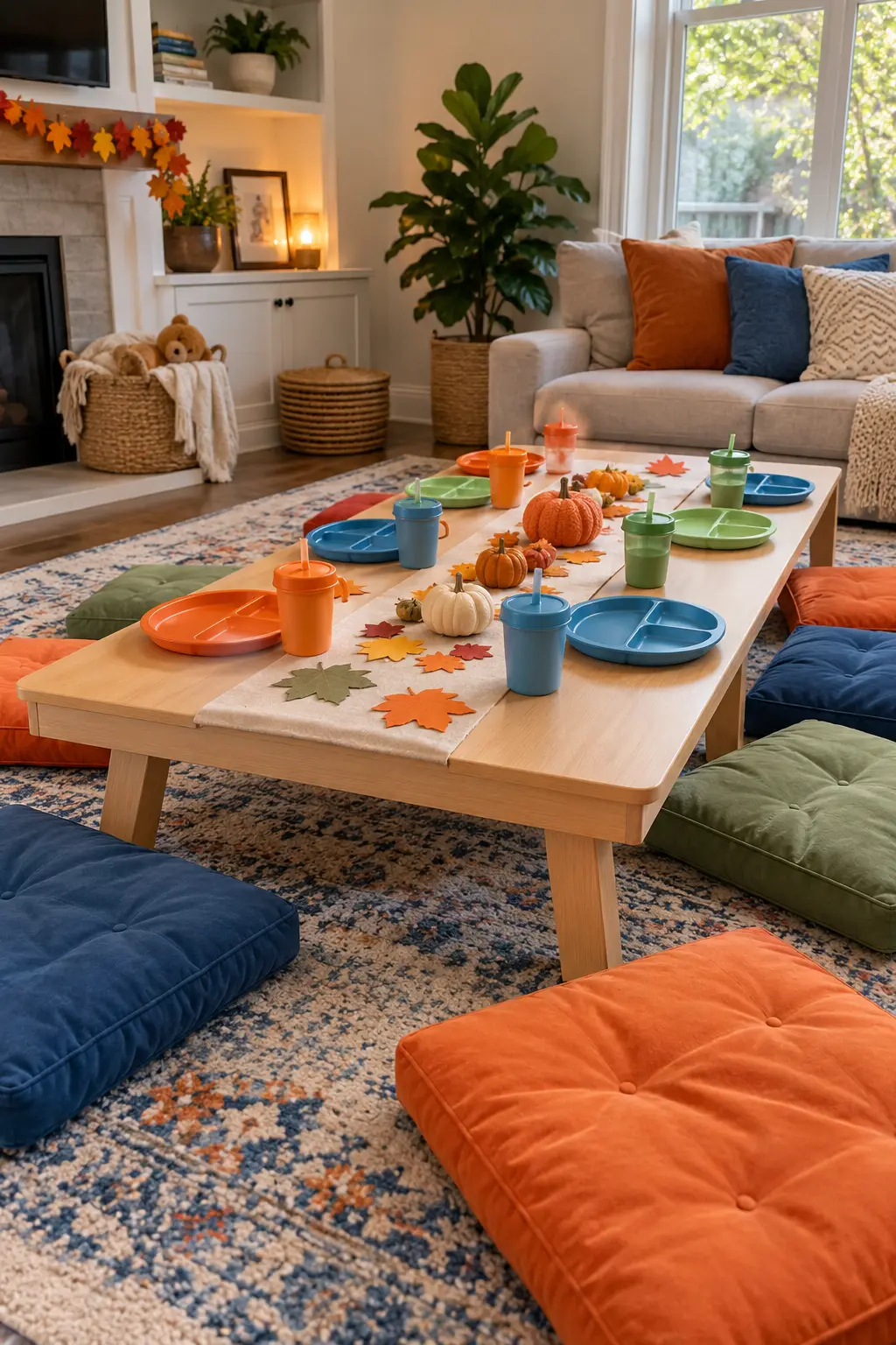 Low indoor Thanksgiving picnic table with floor cushions and simple child-safe tableware