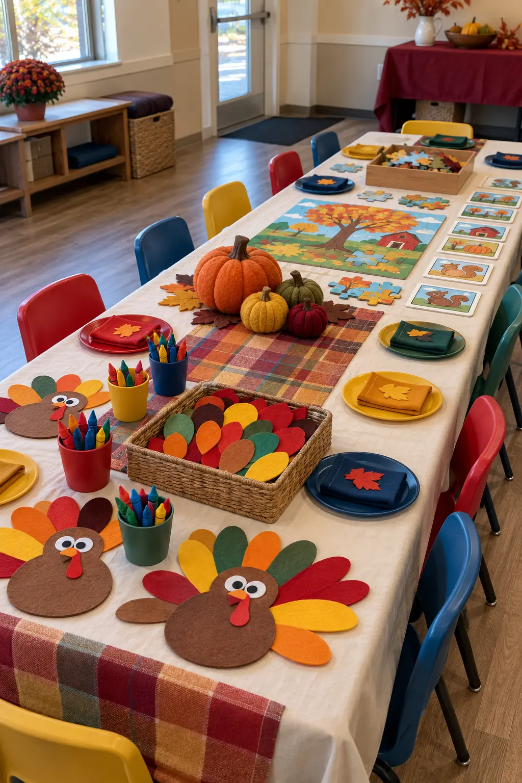 Long Thanksgiving kids table divided into younger-child and older-child activity zones
