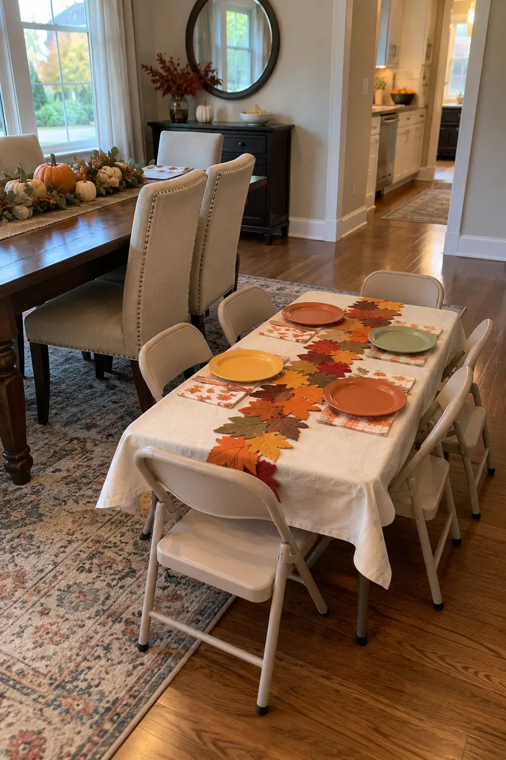 Compact folding Thanksgiving kids table positioned near the adult dining table