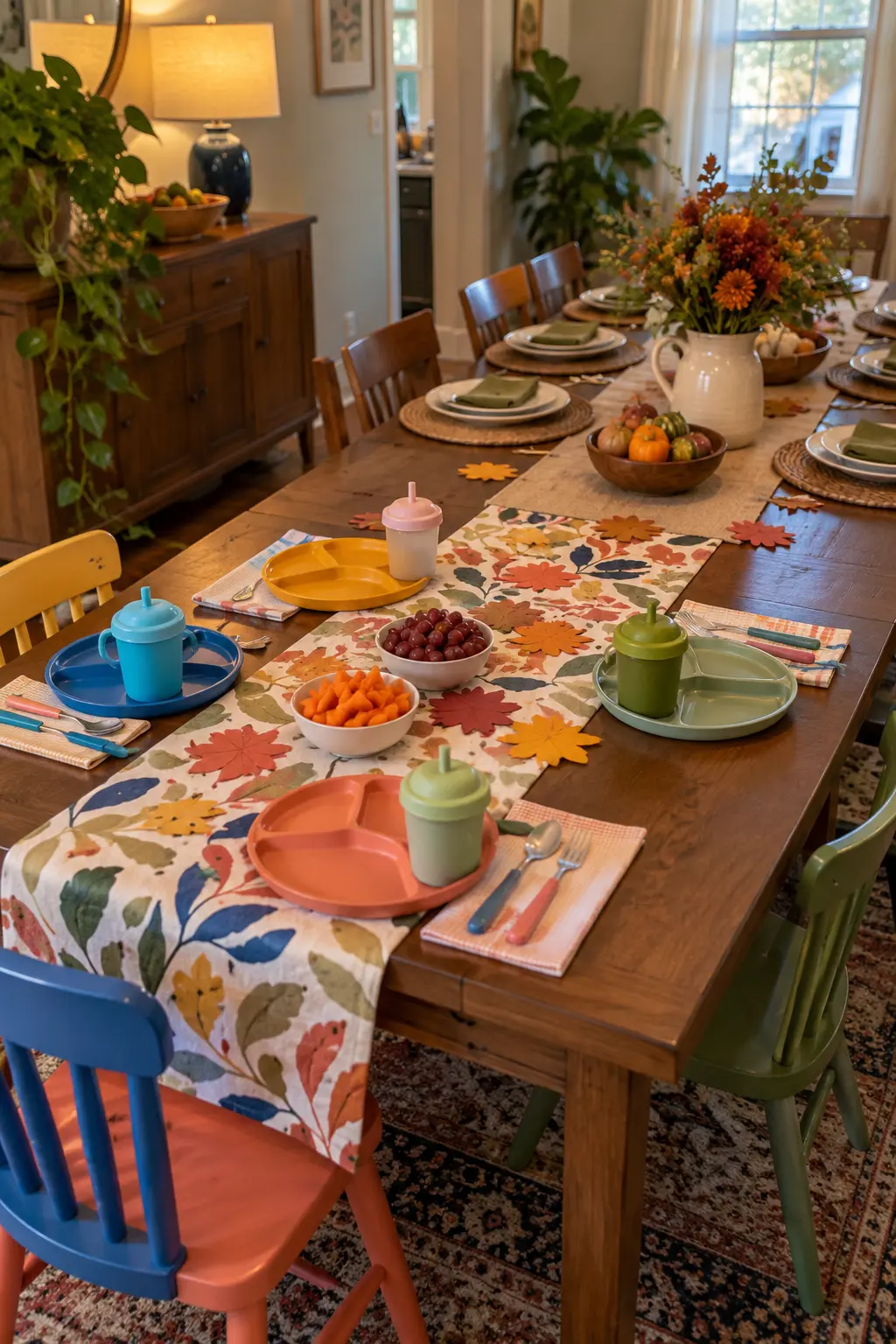 Family Thanksgiving table with a colorful child-friendly zone at one end