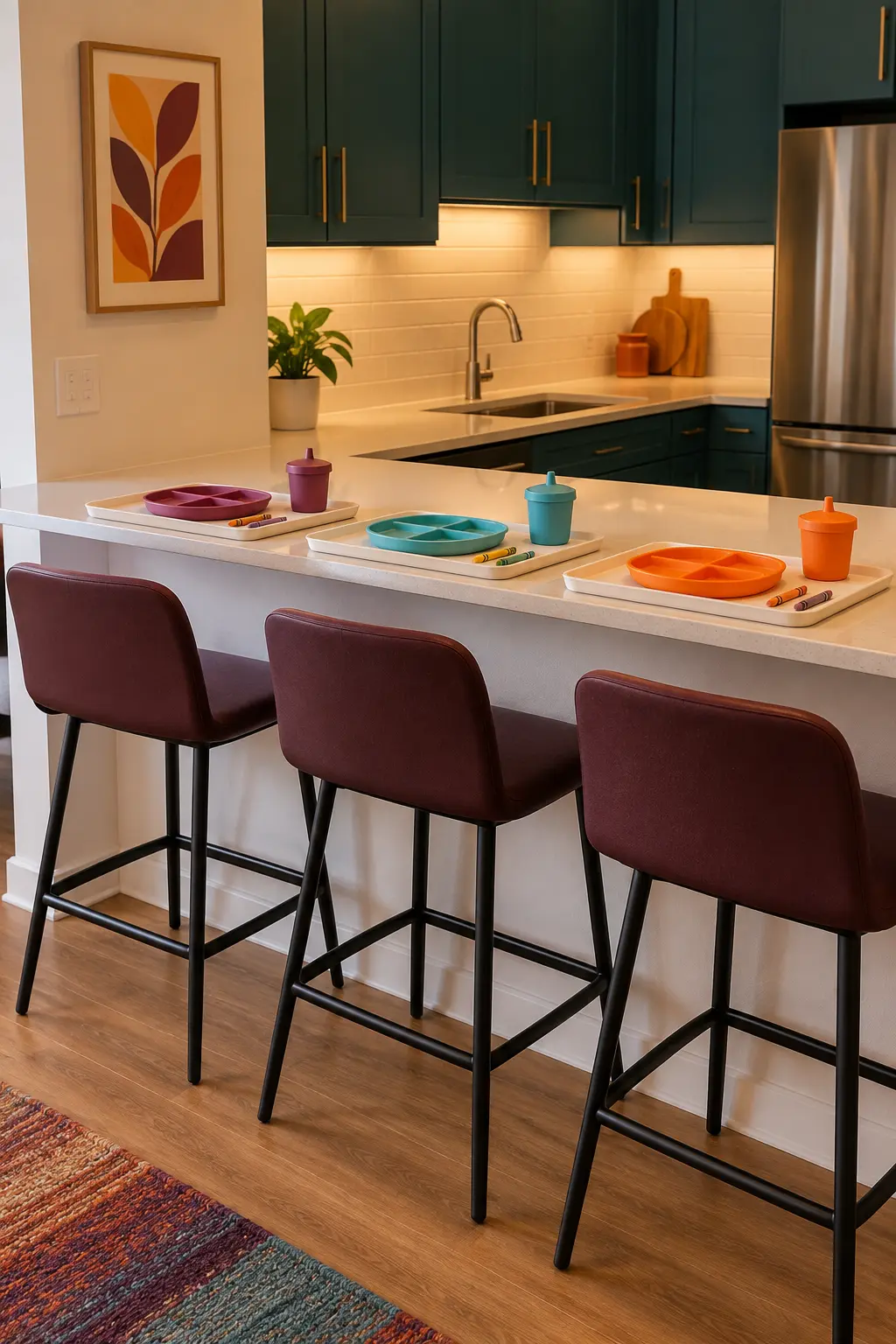 Apartment kitchen breakfast bar arranged as a Thanksgiving eating and activity station for children