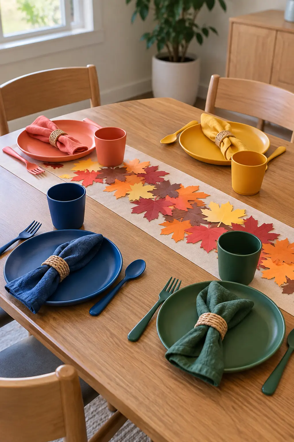 Thanksgiving kids table with four color-coded reusable plates, cups, and napkins