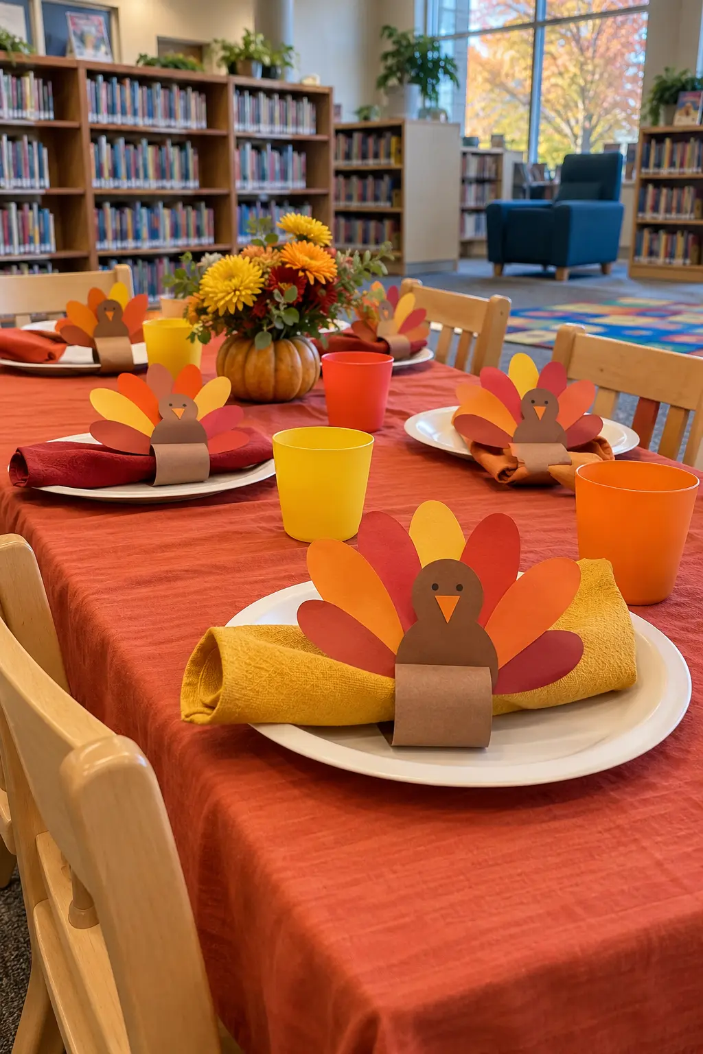 Colorful paper turkey napkin rings on a child-friendly Thanksgiving table
