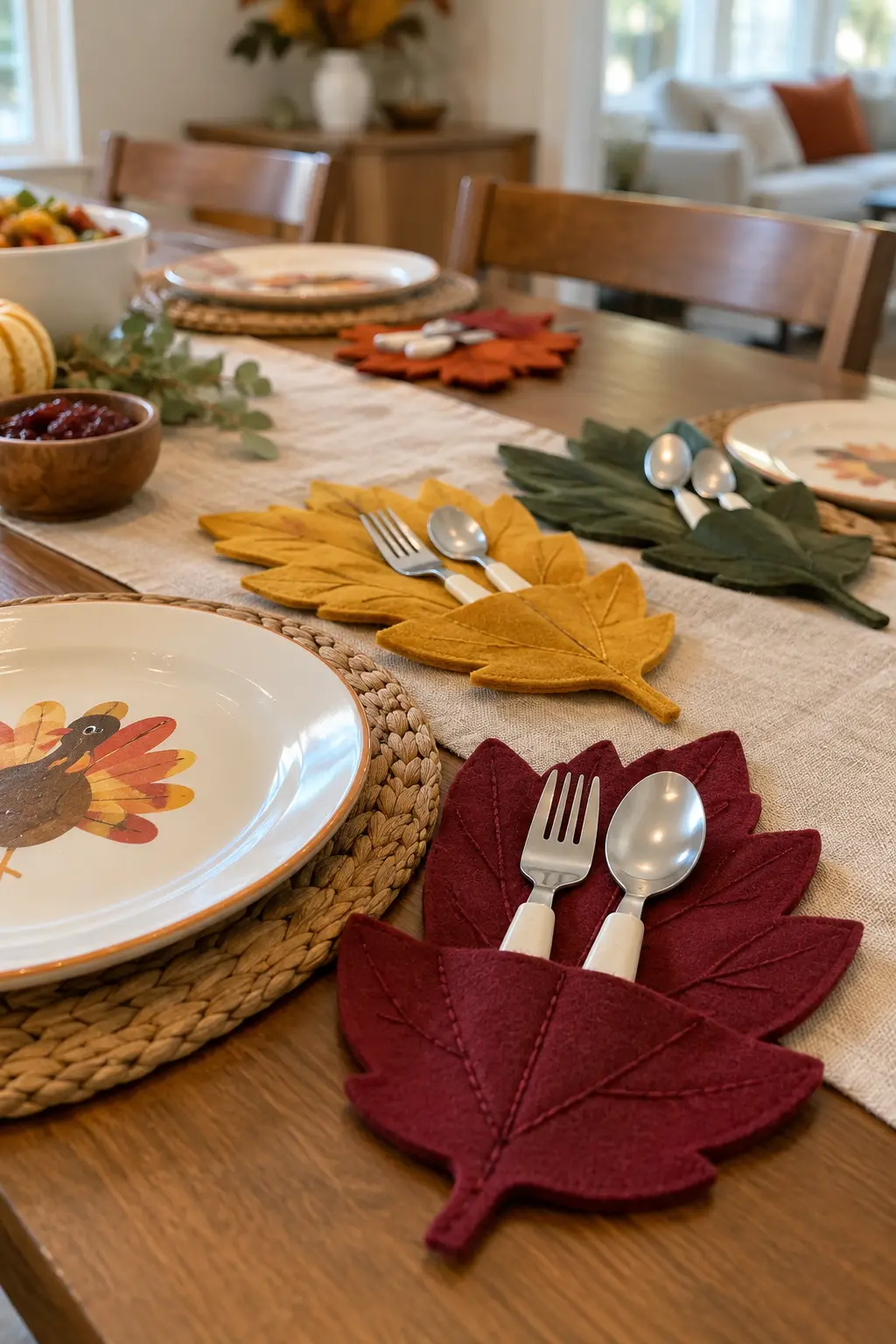 Large felt leaf utensil pockets beside sturdy kids Thanksgiving plates