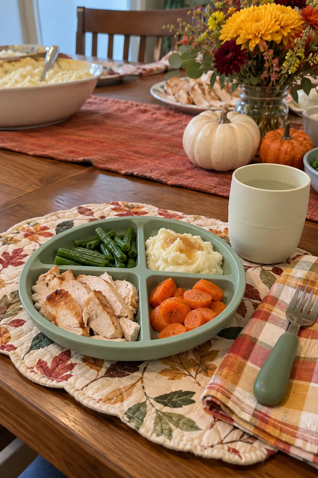 Thanksgiving kids place setting with a divided plate holding small portions of familiar foods