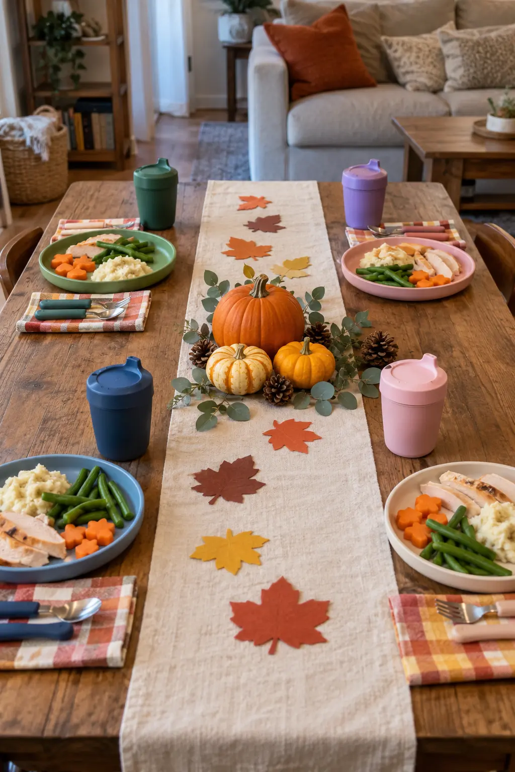 Thanksgiving children's table with stable lidded cups set above each plate