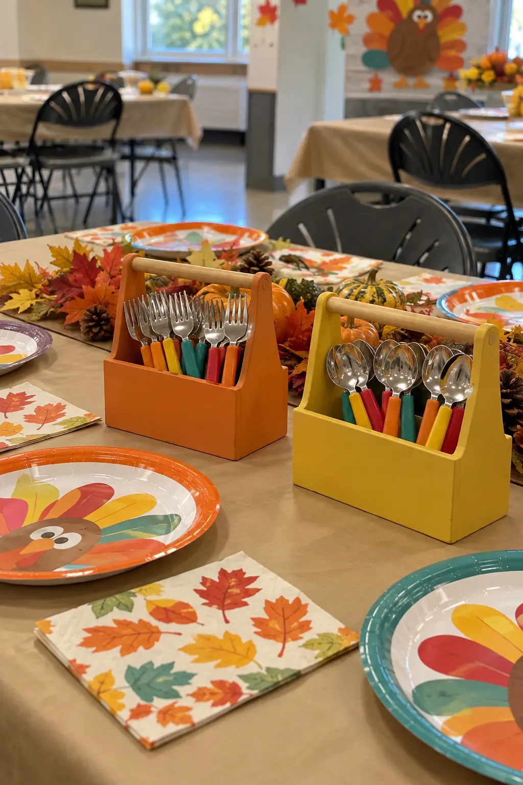 Thanksgiving kids table with sturdy handled utensil caddies between place settings