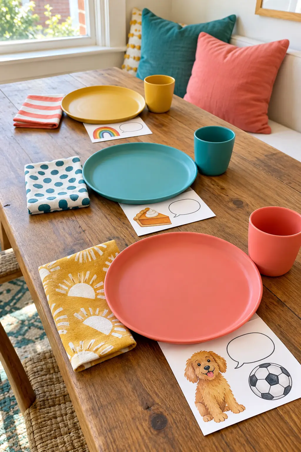 Thanksgiving kids place setting with a simple illustrated conversation card tucked under the plate edge