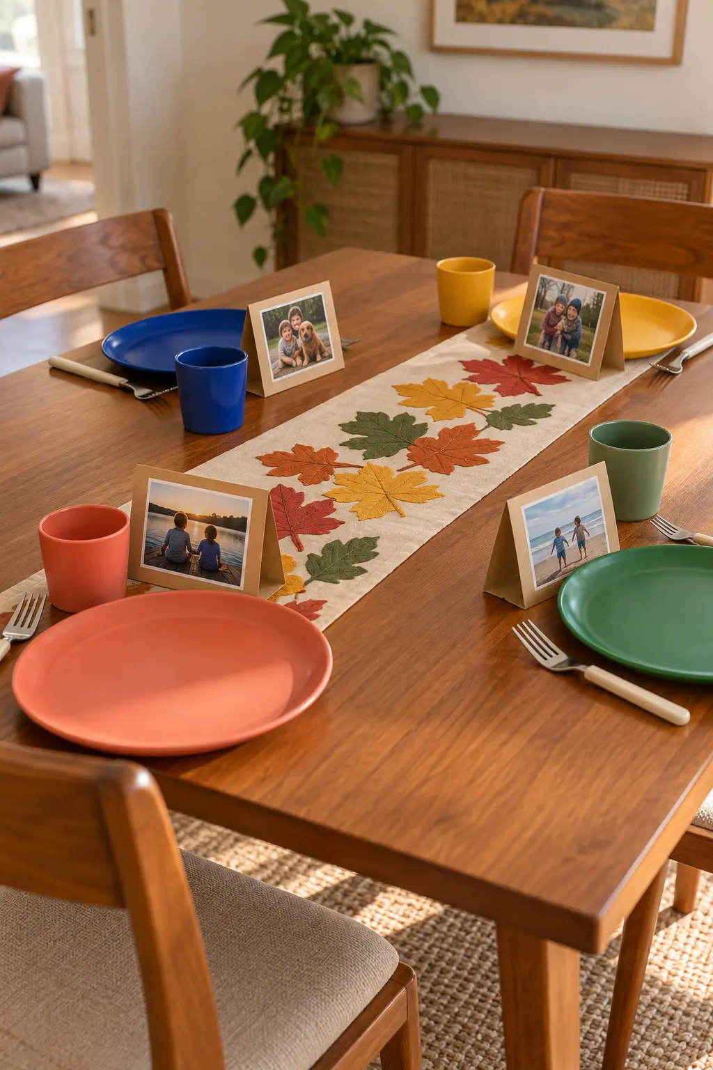 Thanksgiving kids table with small family photo place cards in sturdy holders