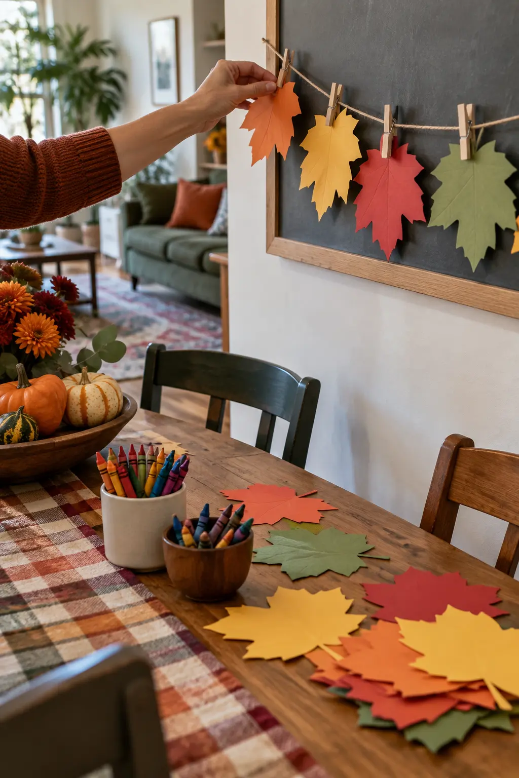 Children's Thanksgiving table activity with large paper leaves being clipped to a gratitude garland